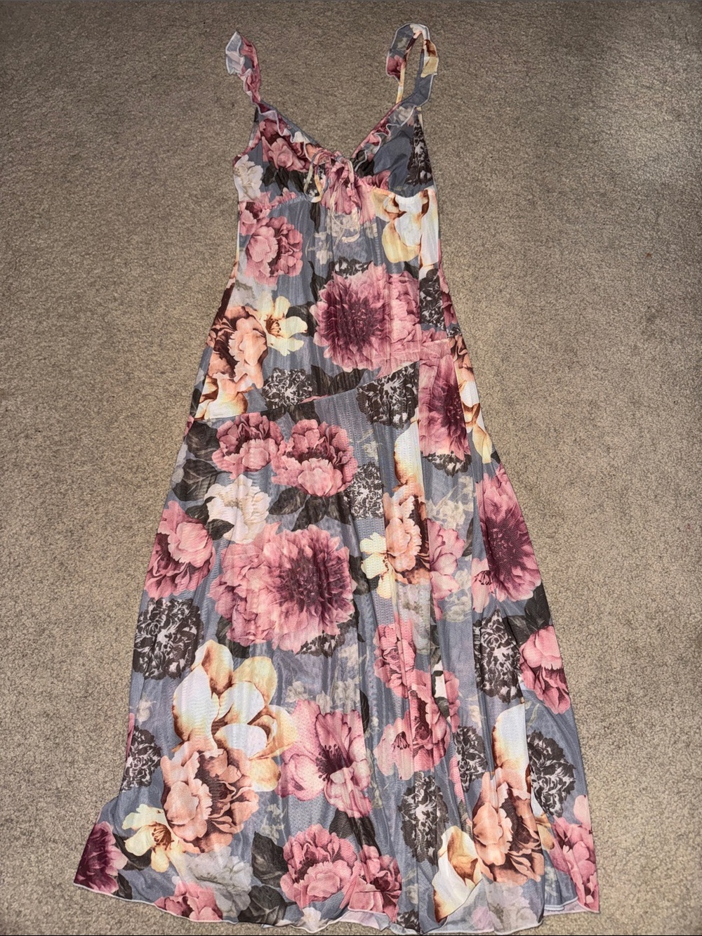 Floral Maxi Dress with Pink & Gray Blooms
